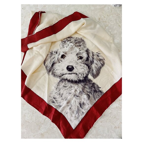 VTG Silk Dog Portrait Scarf Cream Black and Red Trim - Picture 1 of 6